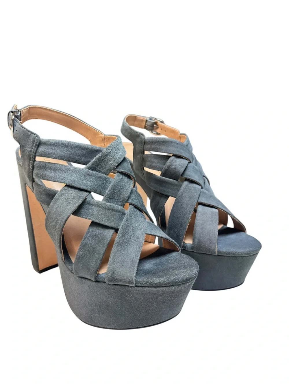 POUR LA VICTOIRE Women's Blue Gray Kid Suede Platform Heels Sandals Size 9.5